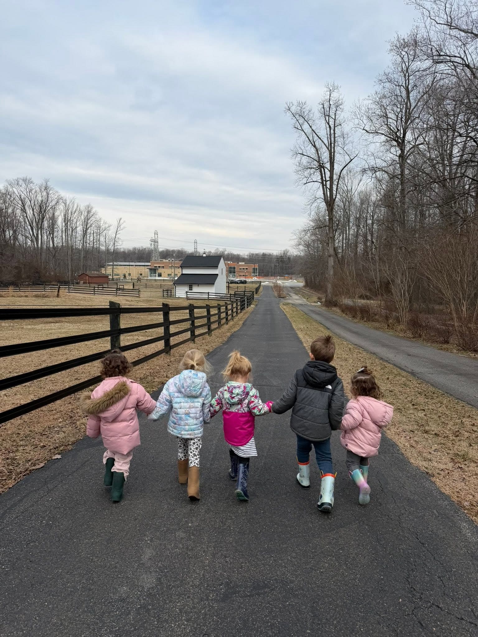Children walking hand in hand down the lane at the farm property